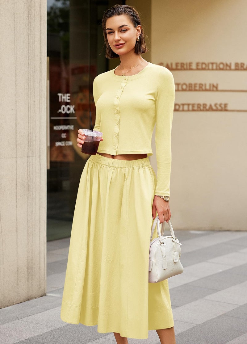 Panadila Womens 2 Piece Lounge Sets Matching Vacation Outfits Ribbed Button Down Cardigan and Elastic Waist Skirt Sets (Light Yellow,S) - Image 4