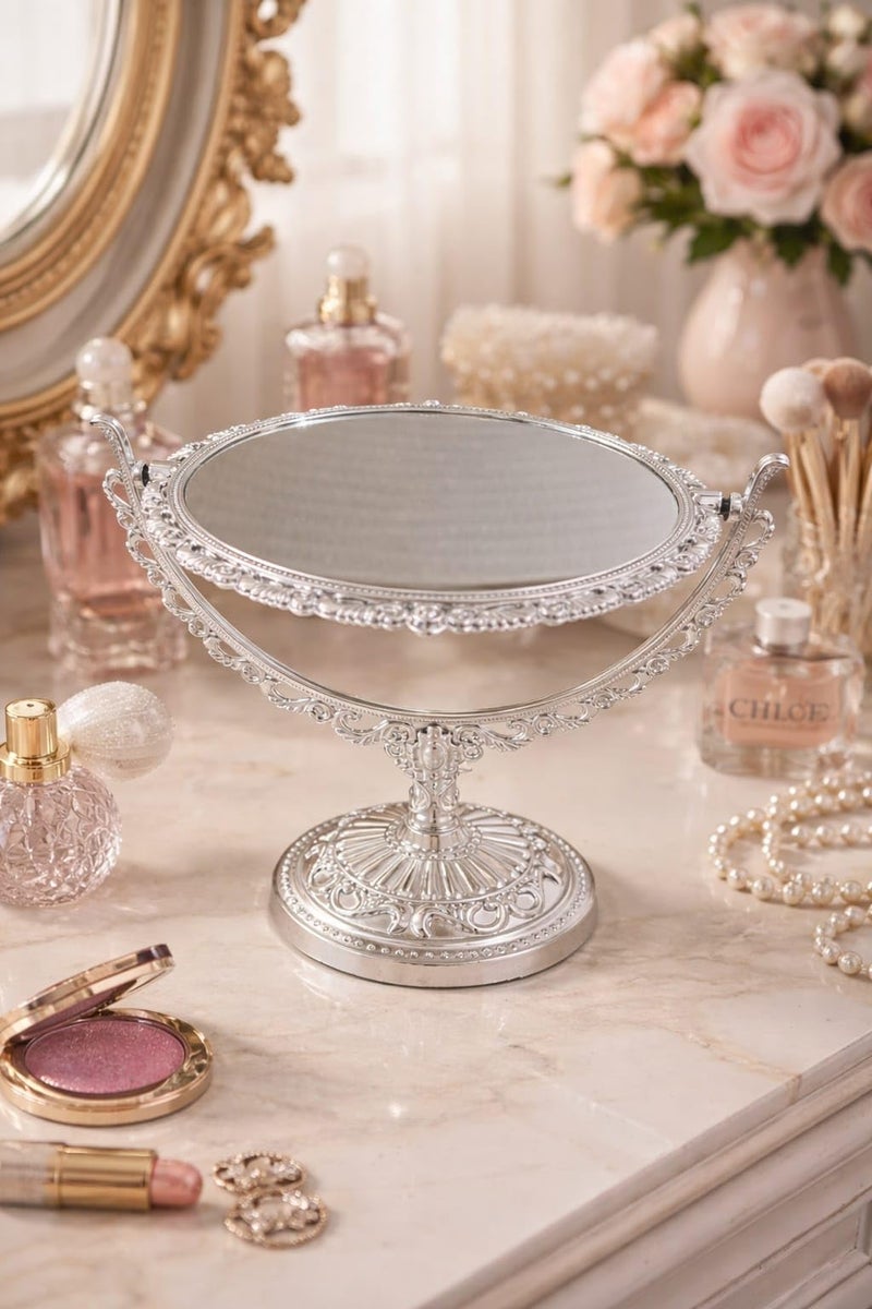 2 in 1 Makeup Mirror with Normal Face & Magnifying Face – Dual-Use Cosmetic Mirror with Elegant Decorative Design – Practical Table Mirror for Daily Use – Imported Silver (Model 1 Round) - Image 4