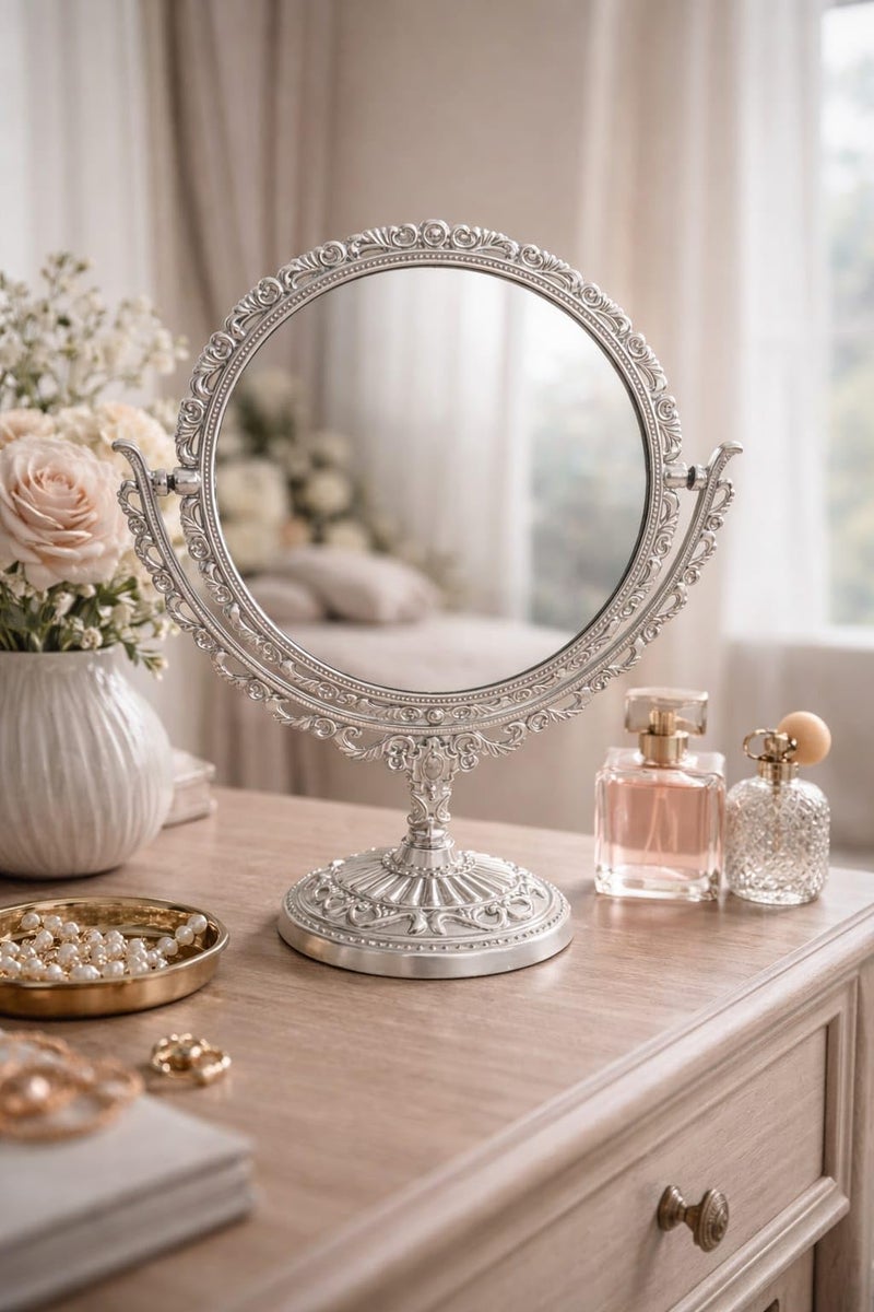 2 in 1 Makeup Mirror with Normal Face & Magnifying Face – Dual-Use Cosmetic Mirror with Elegant Decorative Design – Practical Table Mirror for Daily Use – Imported Silver (Model 1 Round) - Image 3