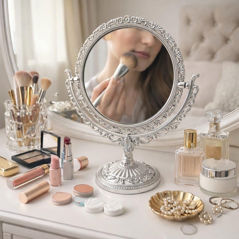 2 in 1 Makeup Mirror with Normal Face & Magnifying Face – Dual-Use Cosmetic Mirror with Elegant Decorative Design – Practical Table Mirror for Daily Use – Imported Silver (Model 1 Round) - Image 2