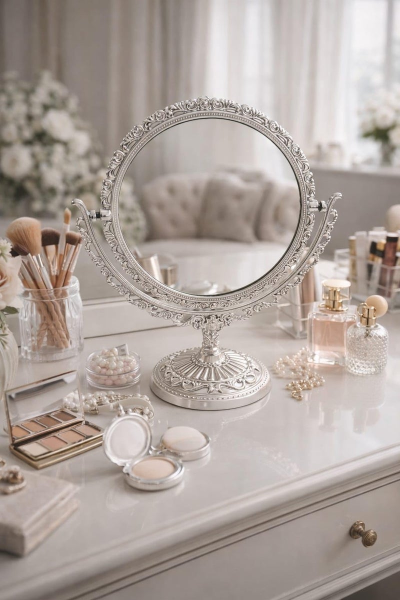 2 in 1 Makeup Mirror with Normal Face & Magnifying Face – Dual-Use Cosmetic Mirror with Elegant Decorative Design – Practical Table Mirror for Daily Use – Imported Silver (Model 1 Round) - Image 1