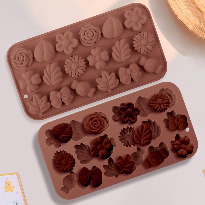 Fuehbur Flower Candy Floral Silicone Molds 2PCS, Chocolate Moulds with Daisy Tulip Rose Bow Tie Leaf Jello Design, 18 Cavity Ice Mold Pudding for Cake Desserts Making, Cupcake Toppers - 2 Pack - Image 4