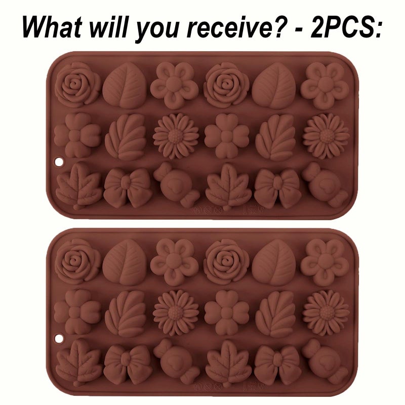 Fuehbur Flower Candy Floral Silicone Molds 2PCS, Chocolate Moulds with Daisy Tulip Rose Bow Tie Leaf Jello Design, 18 Cavity Ice Mold Pudding for Cake Desserts Making, Cupcake Toppers - 2 Pack - Image 2