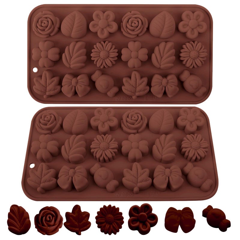Fuehbur Flower Candy Floral Silicone Molds 2PCS, Chocolate Moulds with Daisy Tulip Rose Bow Tie Leaf Jello Design, 18 Cavity Ice Mold Pudding for Cake Desserts Making, Cupcake Toppers - 2 Pack - Image 1