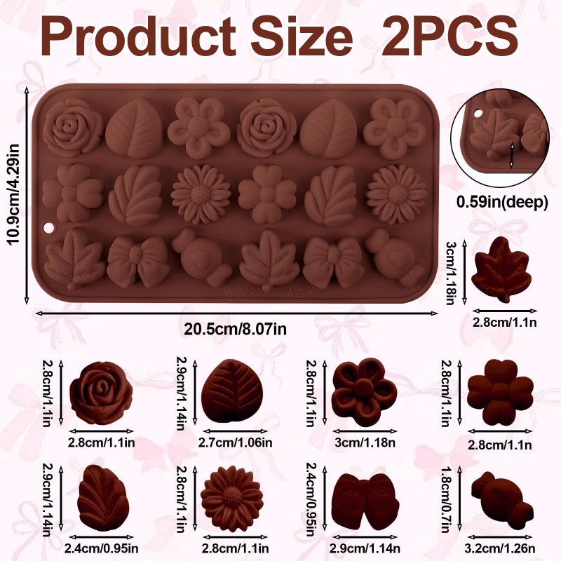 Fuehbur Flower Candy Floral Silicone Molds 2PCS, Chocolate Moulds with Daisy Tulip Rose Bow Tie Leaf Jello Design, 18 Cavity Ice Mold Pudding for Cake Desserts Making, Cupcake Toppers - 2 Pack - Image 3