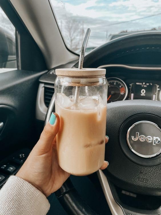 SKDBPM Ice Juice Drinks Glass Can Mug with Straw for MilkCoffeeGreen Tea Cup Set of 1510ml Transparent Can Shape Cup Pack of 1 Wooden LID CAN - Image 2