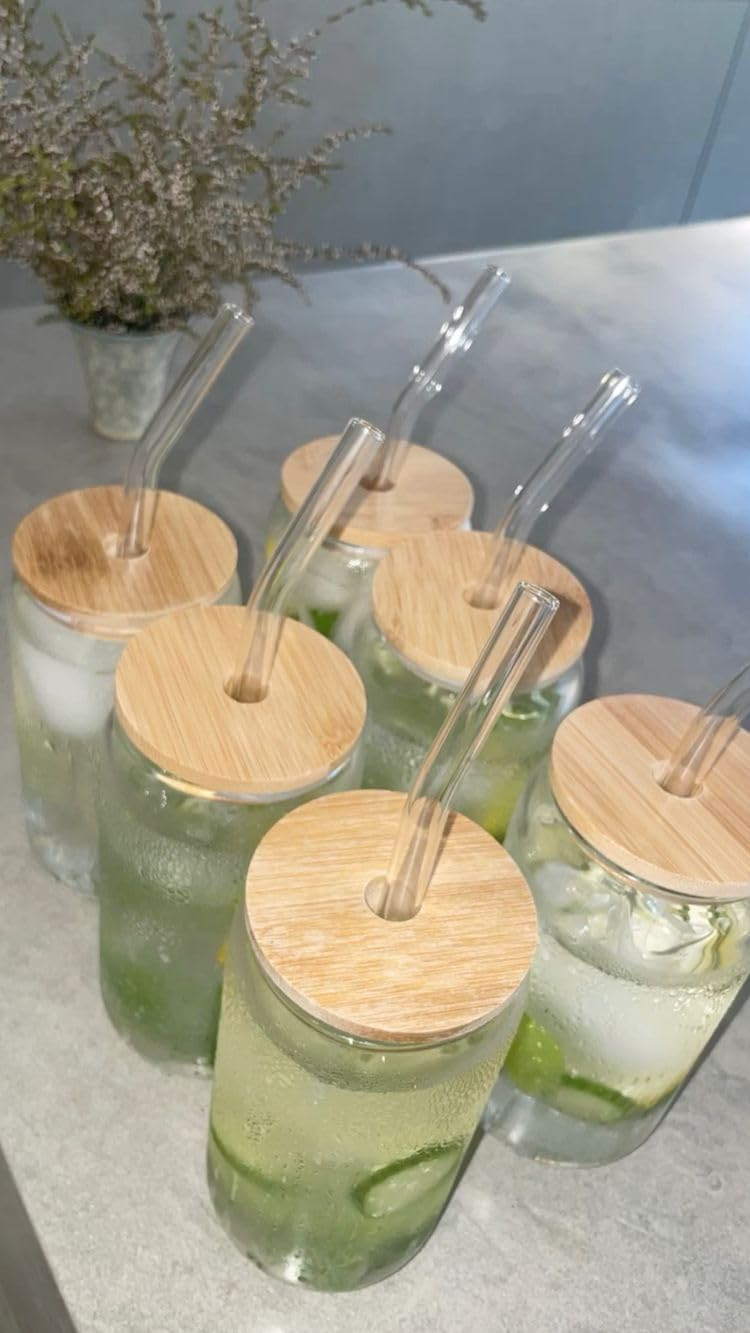 SKDBPM Ice Juice Drinks Glass Can Mug with Straw for MilkCoffeeGreen Tea Cup Set of 1510ml Transparent Can Shape Cup Pack of 1 Wooden LID CAN - Image 3