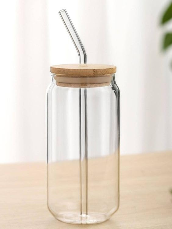 SKDBPM Ice Juice Drinks Glass Can Mug with Straw for MilkCoffeeGreen Tea Cup Set of 1510ml Transparent Can Shape Cup Pack of 1 Wooden LID CAN - Image 1