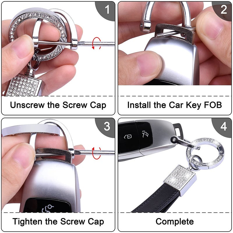 Wisdompro Bling Leather Car Keychain, Universal Genuine Leather Car Keys Keychain Key FOB Keychain, Key Chains Women for Car Keys with Anti-lost D-ring and 2 Keyrings - Black - Image 5