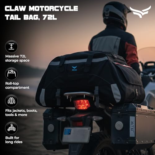 Xtrim 72L Claw Motorcycle Tail Bag with Carry Straps, 100% Waterproof with Inner Liner, Rear Riding Bag with MOLLE Loops, One Side Pocket & Mesh Pocket Inside, Reflective Panels, 4-Point Mounting - Image 2