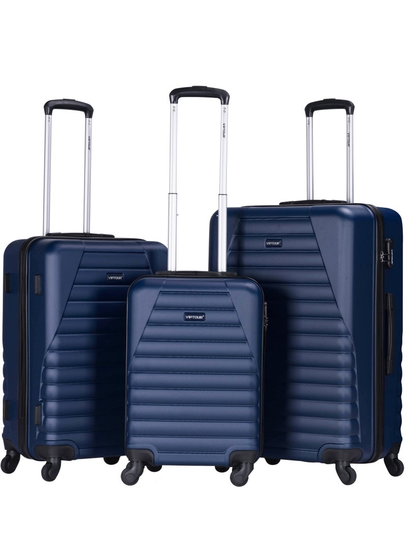 VIPTOUR ABS Material 3-Piece Hard Case Trolley Luggage Set, 4 Quiet 360° Spinner Wheels Suitcase With Combination Lock, Small (2.5kg), Medium (3kg), Large (3.8kg) (20''/24''/28'') - Dark Blue - Image 1
