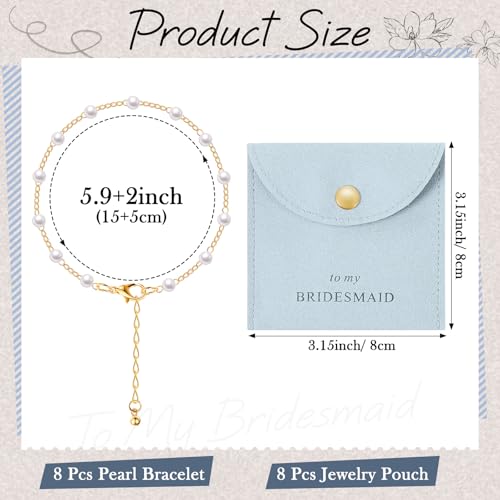 Quelay 16 Pcs Jewelry Bridesmaid Gift Pearl Bracelet Microfiber Jewelry Bag Pouch Set of 8 for Wedding Bridal Party FavorBlue GoldButton - Image 3
