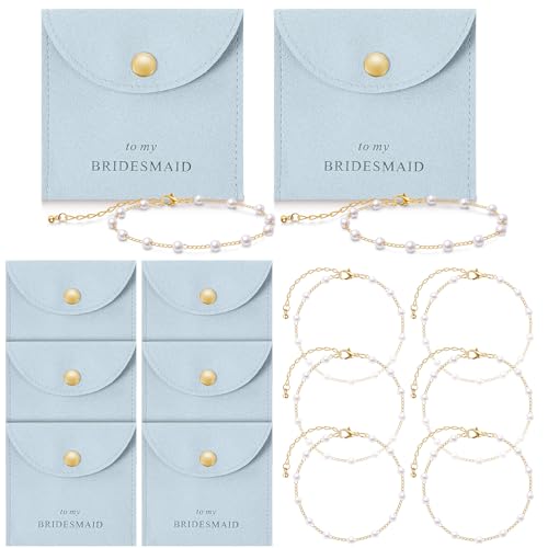 Quelay 16 Pcs Jewelry Bridesmaid Gift Pearl Bracelet Microfiber Jewelry Bag Pouch Set of 8 for Wedding Bridal Party FavorBlue GoldButton - Image 1