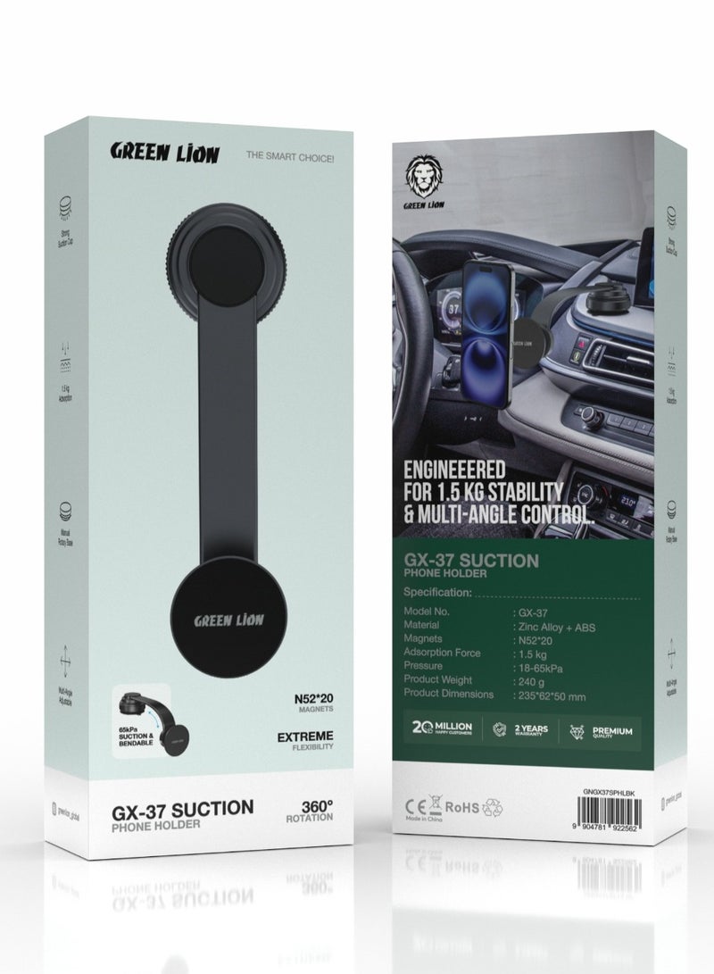 GREEN LION GX-37 Suction Mobile Holder with Extreme Flexibility/ High-Quality Material/1.5 kg Adsorption Force/ Multi-Angle Adjustable/Manual Rotary Base/ 65 kPa Pressure/ Stable Magnetic Car Phone Holder - Black  - Image 3