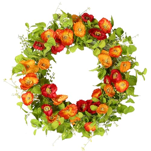 YNYLCHMX 18" Spring Summer Wreaths for Front Door, Artificial Floral Wreath with Purple Pansy Flowers Green Eucalyptus Leaves, Green Foliage Wreath for Wall Window Farmhouse Party Holiday Home Decor - Image 1
