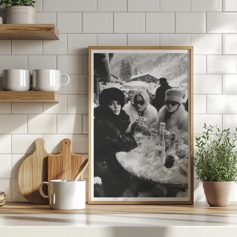 TNESSENTIAL Black and White Apres Ski Glamour Wall Art Poster or Canvas Print, Women Vintage Fashion Art, Winter Ski Resort Art, Jet Set Lifestyle Decor - Image 1