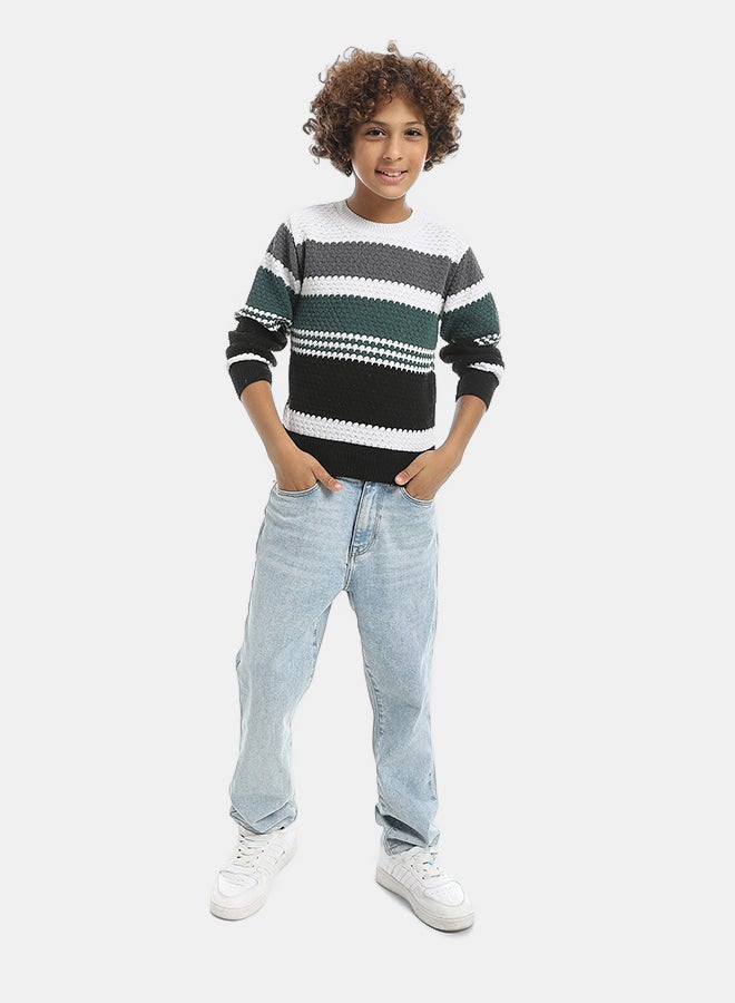 Andora Knitted Stripped Round Collar  Pullover - Grey & Black & Green - Image 5