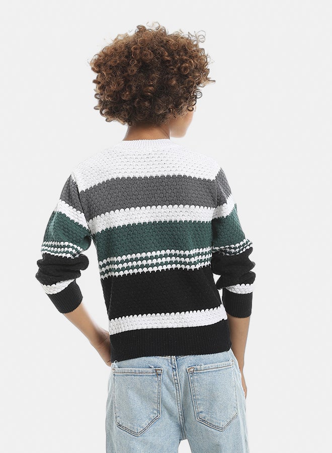 Andora Knitted Stripped Round Collar  Pullover - Grey & Black & Green - Image 3