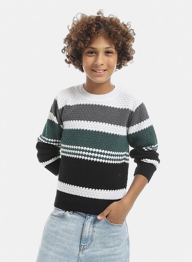 Andora Knitted Stripped Round Collar  Pullover - Grey & Black & Green - Image 1