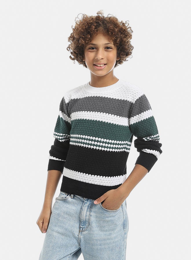 Andora Knitted Stripped Round Collar  Pullover - Grey & Black & Green - Image 2