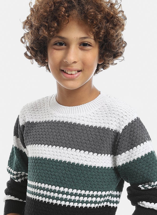 Andora Knitted Stripped Round Collar  Pullover - Grey & Black & Green - Image 4