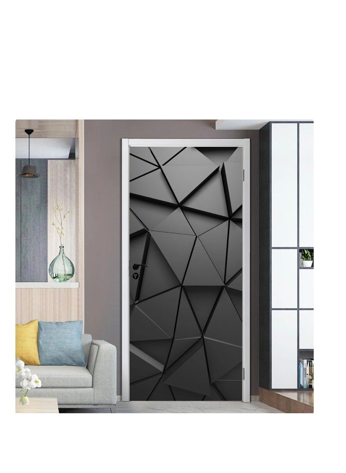 ملصقات باب ثلاثية الأبعاد جدارية، هندسية تجريدية سوداء يمكنك صنعها بنفسك ذاتية اللصق لأبواب الباب، ديكور أبواب قابل للإزالة مقاوم للماء، 77 × 200 × 2 سم - Image 3