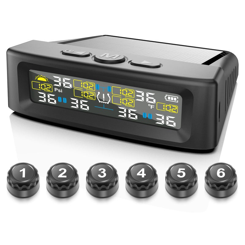 Tire Pressure Monitoring System with Solar Charge TPMS with 6 External sensors 6 Alarm Modes LCD Realtime Display Auto Sleep Mode Tire Pressure Sensors for RV Trailer Truck Pickup 0144 PSI