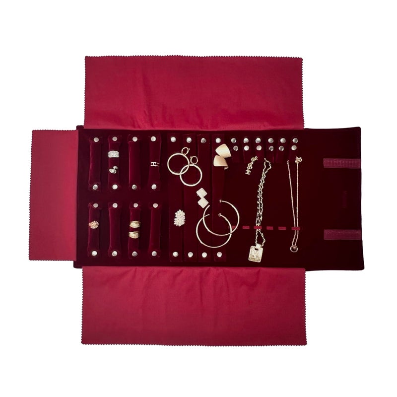UnionPlus Velvet Jewelry Case Roll Bag for Necklace Bracelet Earrings Rings Multi-compartments, Great Jewelry Organizer for Travel, Burgundy