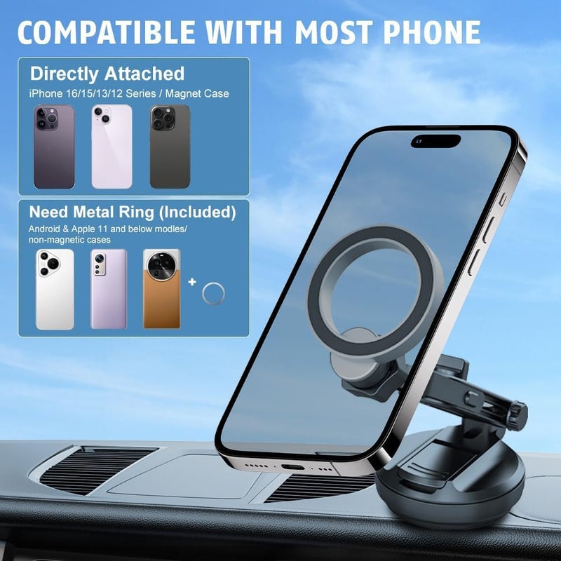 KASTWAVE Magnetic Phone Holder for Car – 360° Adjustable Vacuum Magnetic Suction Cup, Stretchable Car Mount for Smooth Surfaces, Compatible with iPhone and MagSafe Devices - Image 2