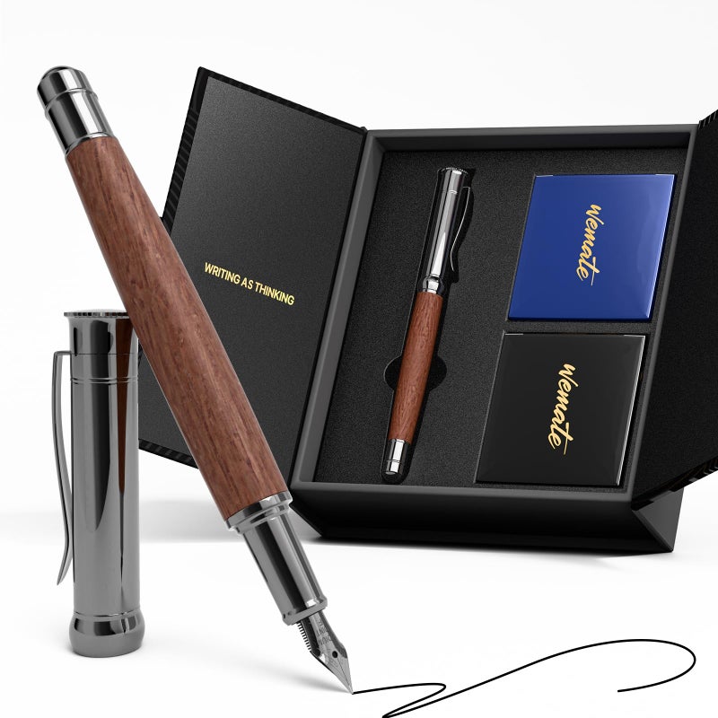 WEMATE Fountain Pen Set, Fine Nib with 20PCS 2.6MM Ink Cartridges(10 Black&10 Blue),1 Ink Converter, Nice Luxury pen for Men, Women, Cool Wooden Fountain Pen for Writing, Journaling, Calligraphy - Image 1