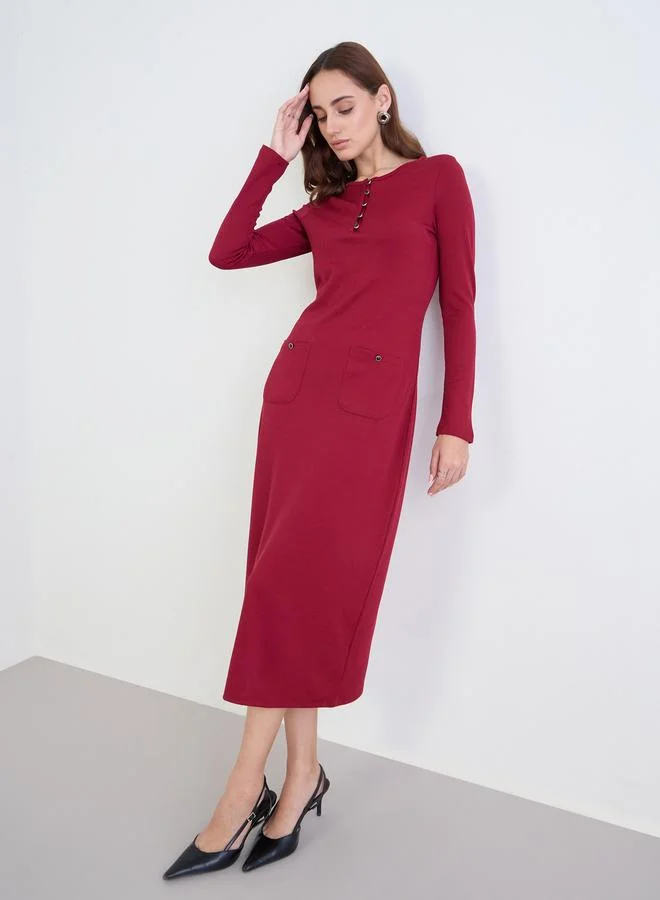 Styli Styli Maroon Ribbed Sheath Midi Dress