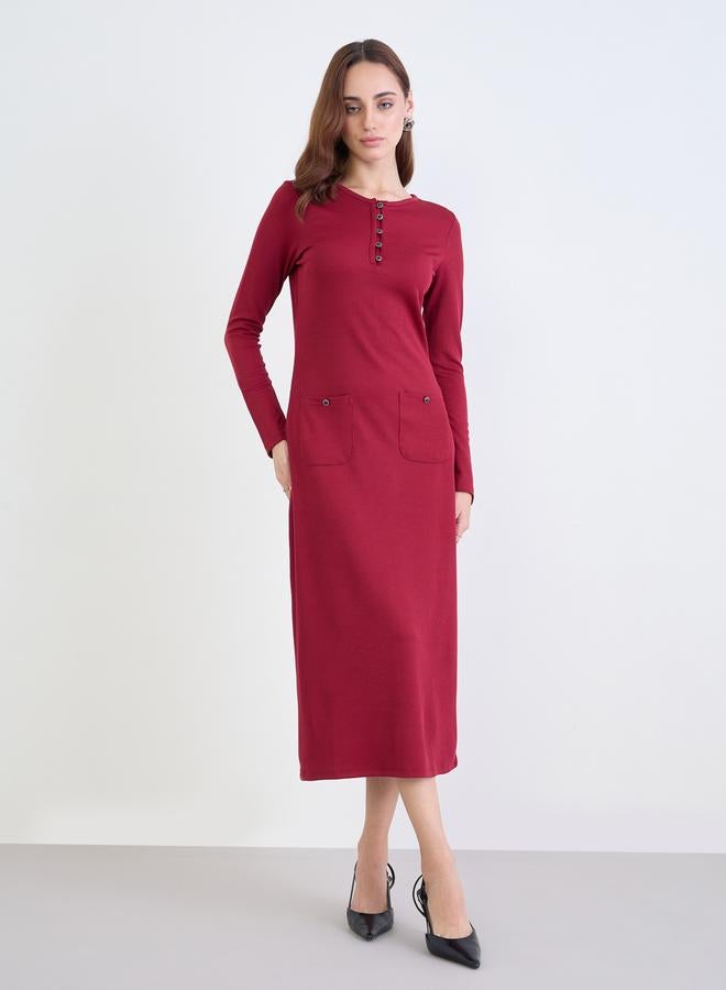 Styli Maroon Ribbed Sheath Midi Dress - Image 3