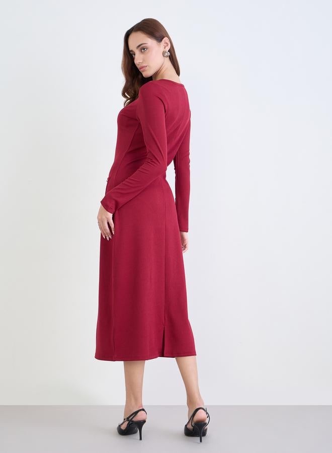 Styli Maroon Ribbed Sheath Midi Dress - Image 5