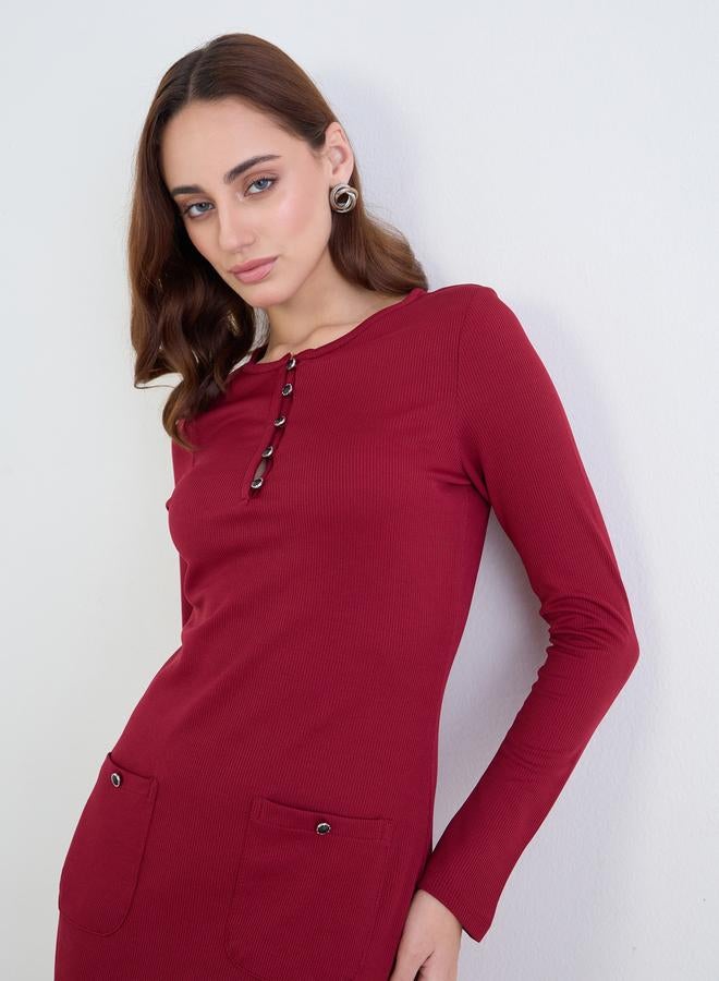 Styli Maroon Ribbed Sheath Midi Dress - Image 1