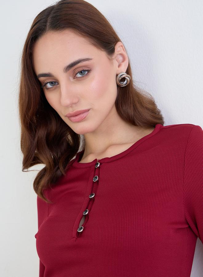 Styli Maroon Ribbed Sheath Midi Dress - Image 4