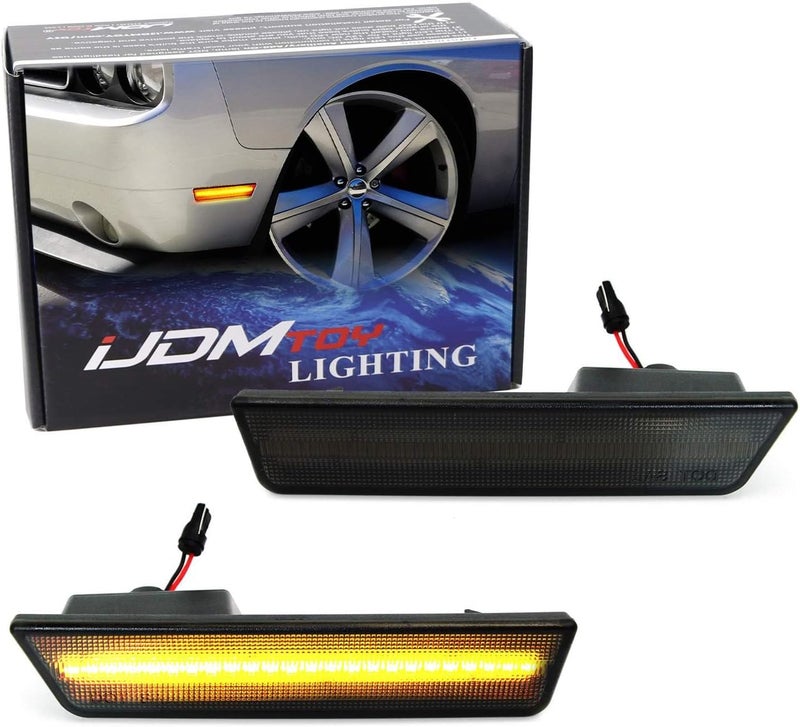 iJDMTOY Smoked Lens Front Side Marker Lamps with 24-SMD Amber LED Lights for 2008-2014 Dodge Challenger - Image 1