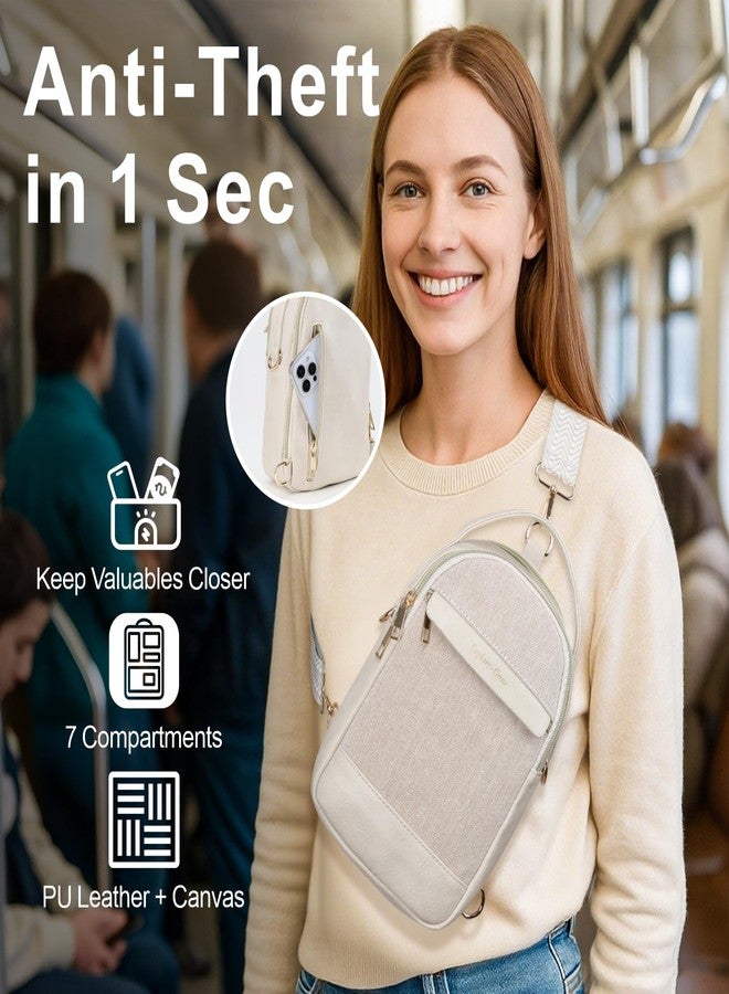 Packism Travel Sling Bag for Women - PU Leather & Canvas Crossbody Bag Fanny Pack with 7 Pockets (6.3"L x 3.35"W x 9.84"H), Off-white - Image 2