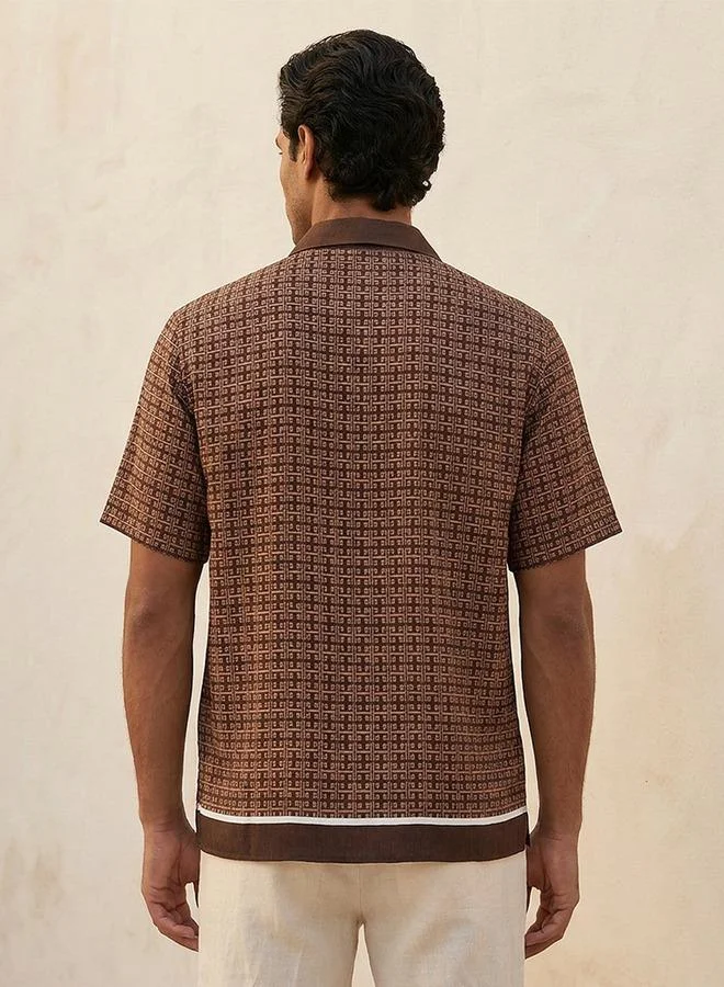 Iconic BROWN Iconic Regular Fit Collared Printed Short Sleeves Shirt for Men | Best Price UAE