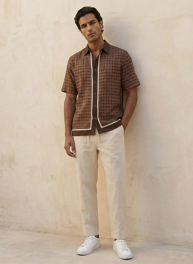 Iconic BROWN Iconic Regular Fit Collared Printed Short Sleeves Shirt for Men | Best Price UAE