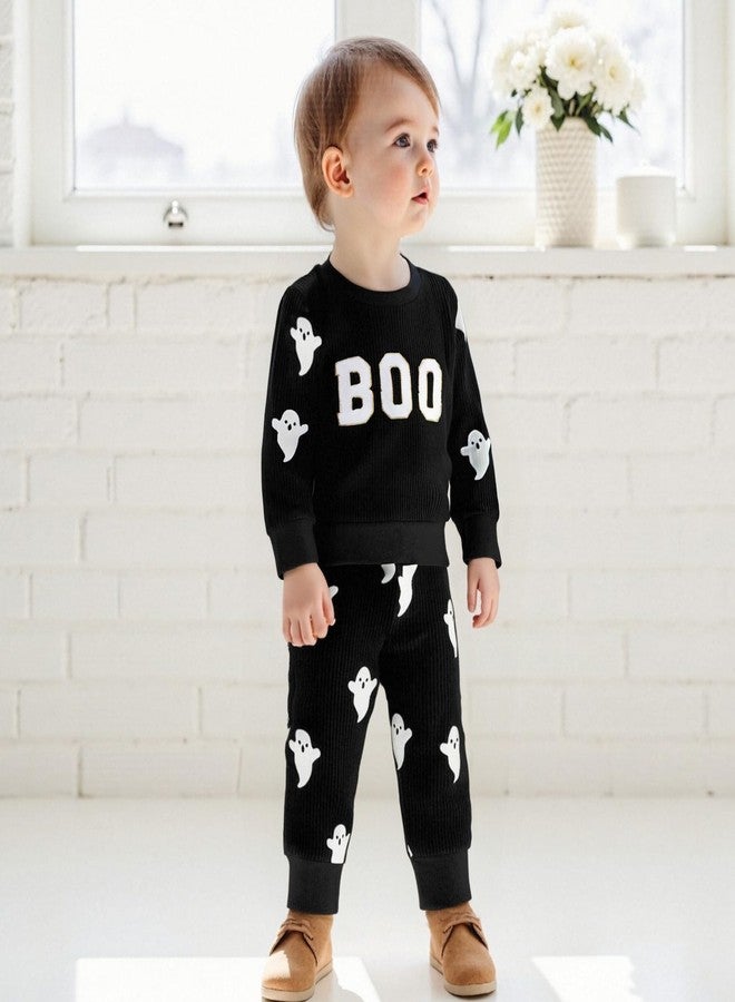 wybzd Toddler Boy Girl Halloween Outfit Embroidery Boo Crewneck Sweatshirt Ghost Pants Set Baby Fall Winter oversize Clothes (Black BOO, 18-24 Months) - Image 3