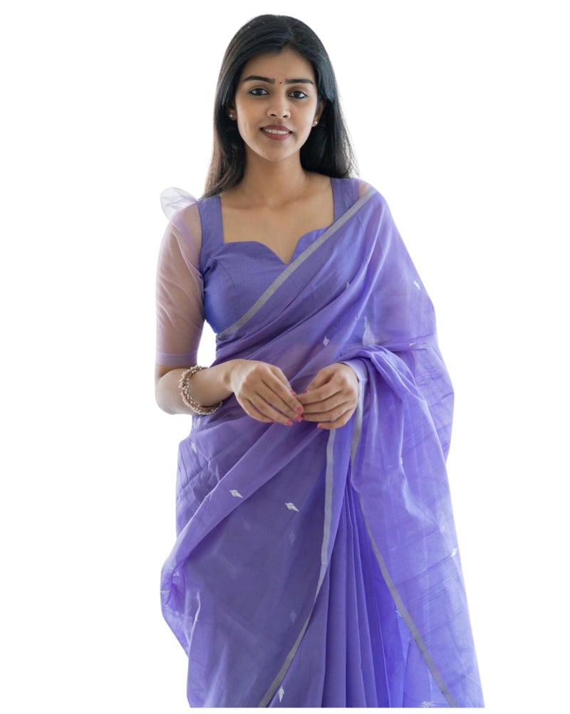 C J Enterprise Women's Banarasi Pure Kanjivaram Silk Linen Cotton Saree for Wedding Soft Design Wear handloom Pattu Sarees Latest Sari With Blouse Piece sadi new ladies 2023 Party 2024 (lavender blue) - Image 2