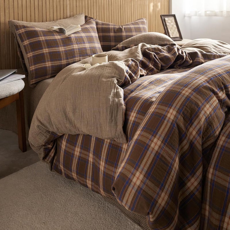 EAVD Vintage Style Brown Plaid Duvet Cover Twin Soft 100% Muslin Cotton Brown Green Blue Grid Checkered Plaid Bedding Set with 2 Pillowcases Reversible Farmhouse Gingham Duvet Cover with Zipper - Image 1