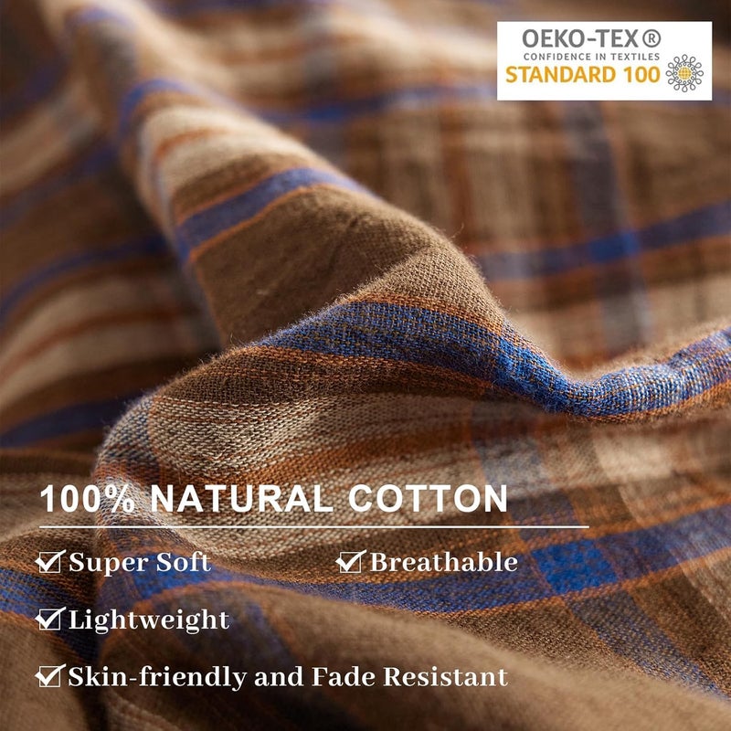 EAVD Vintage Style Brown Plaid Duvet Cover Twin Soft 100% Muslin Cotton Brown Green Blue Grid Checkered Plaid Bedding Set with 2 Pillowcases Reversible Farmhouse Gingham Duvet Cover with Zipper - Image 4