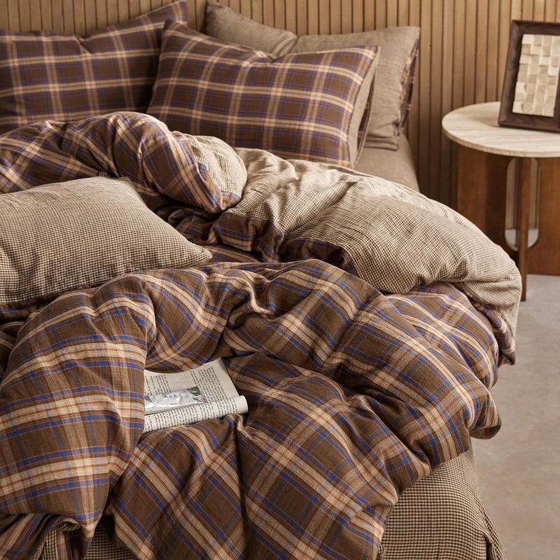 EAVD Vintage Style Brown Plaid Duvet Cover Twin Soft 100% Muslin Cotton Brown Green Blue Grid Checkered Plaid Bedding Set with 2 Pillowcases Reversible Farmhouse Gingham Duvet Cover with Zipper - Image 3