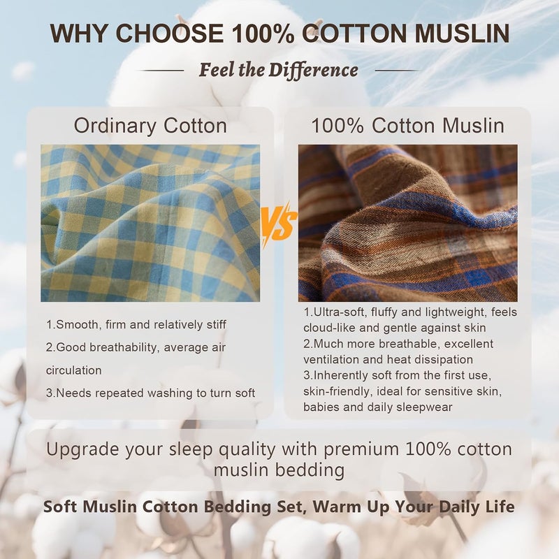 EAVD Vintage Style Brown Plaid Duvet Cover Twin Soft 100% Muslin Cotton Brown Green Blue Grid Checkered Plaid Bedding Set with 2 Pillowcases Reversible Farmhouse Gingham Duvet Cover with Zipper - Image 5