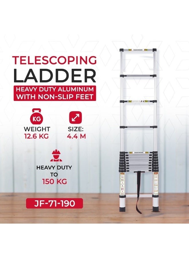 Single Telescopic Aluminum Ladder 4.4M – Long, Strong, and Reliable with Wide Steps and Dual Locking System – Rust & Scratch Resistant – Ideal for Home, Professional, Maintenance, Installation, Decoration, and Hobby Use - Image 1