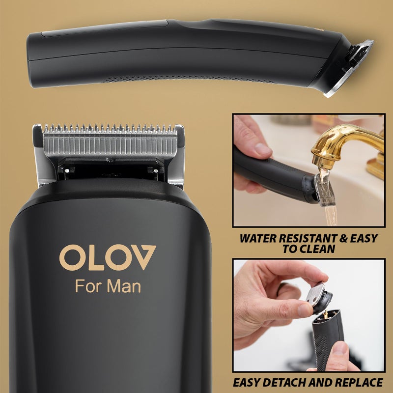OLOV For Man ماكينة تشذيب اللحية، مجموعة العناية الشاملة للرجال مع ماكينة تشذيب للحية والأنف والجسم والفخذ والوجه، ماكينة حلاقة كهربائية لاسلكية للشعر، أسود - Image 4