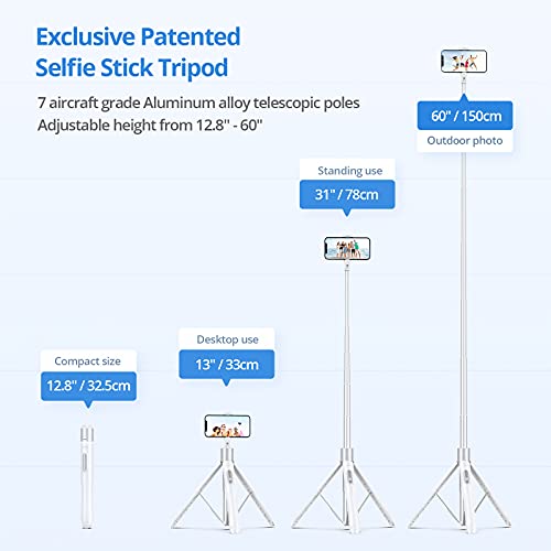ATUMTEK 60" Selfie Stick Tripod, All in One Extendable Phone Tripod Stand with Bluetooth Remote 360° Rotation for iPhone and Android Phone Selfies, Video Recording, Vlogging, Live Streaming, White - Image 2