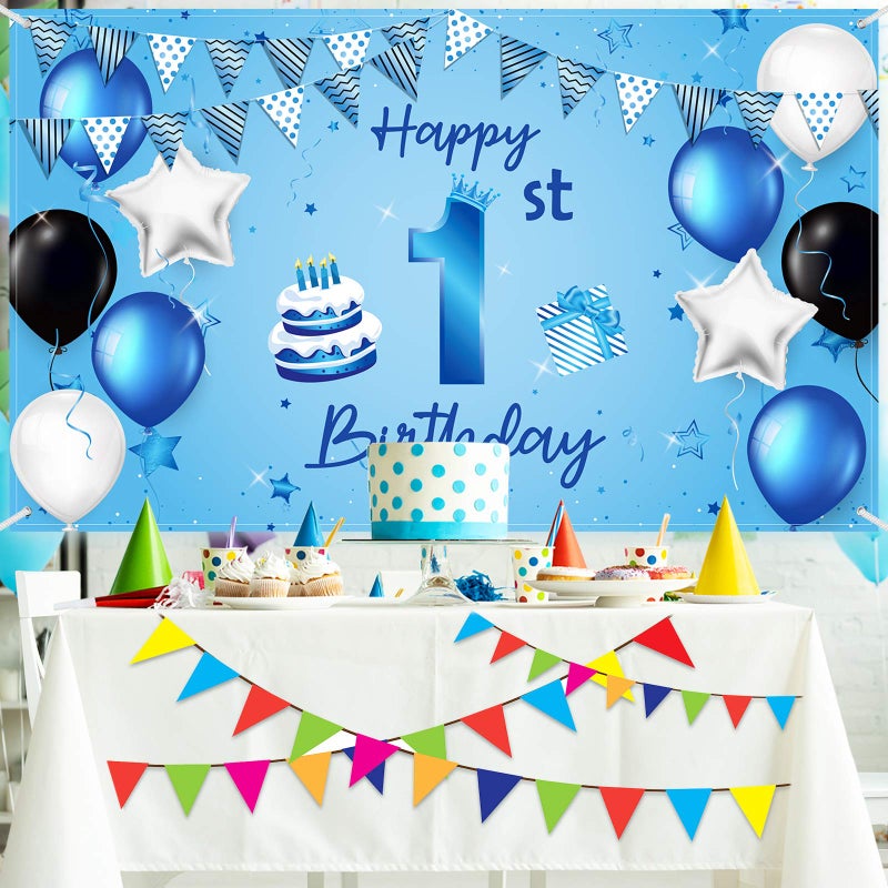 Blulu Happy 1st Birthday Backdrop Banner Blue Newborn Boys First Birthday Backdrop Photography Background for 1st Birthday Baby Shower Party Decorations Supplies 72.8 x 43.3 Inch - Image 5
