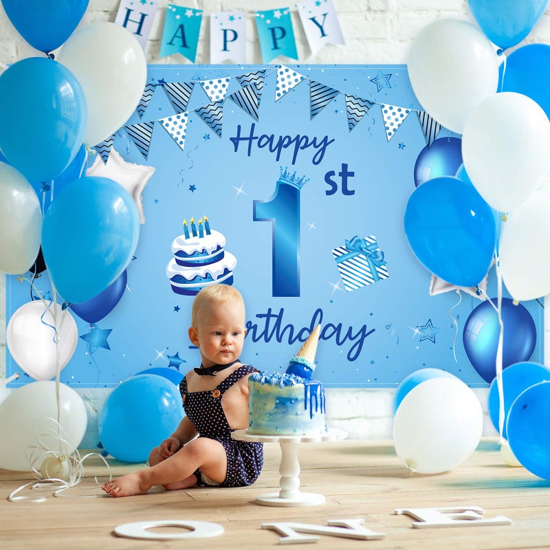 Blulu Happy 1st Birthday Backdrop Banner Blue Newborn Boys First Birthday Backdrop Photography Background for 1st Birthday Baby Shower Party Decorations Supplies 72.8 x 43.3 Inch - Image 3